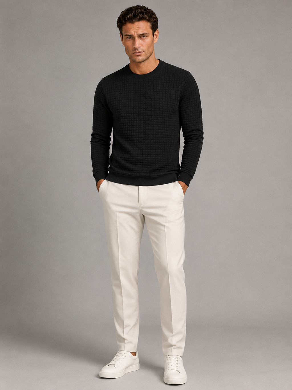 Men's waffle-textured crew neck sweatshirt