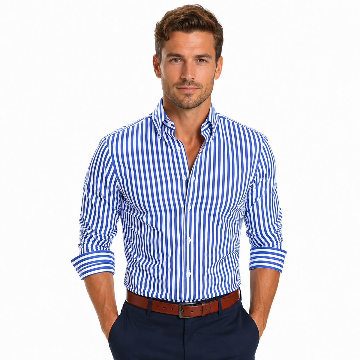 Men's striped slim-fit long-sleeve shirt