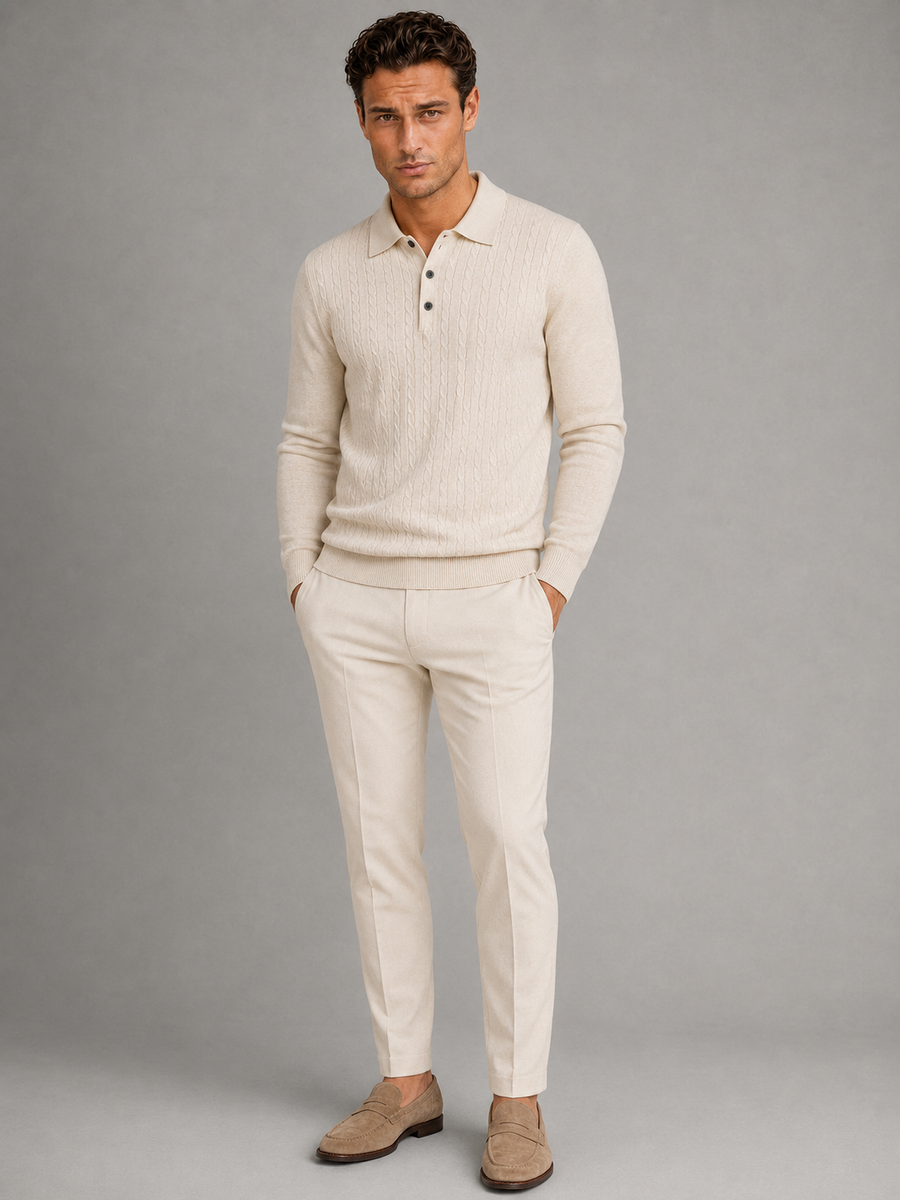 Men's cable knit long-sleeve polo jumper
