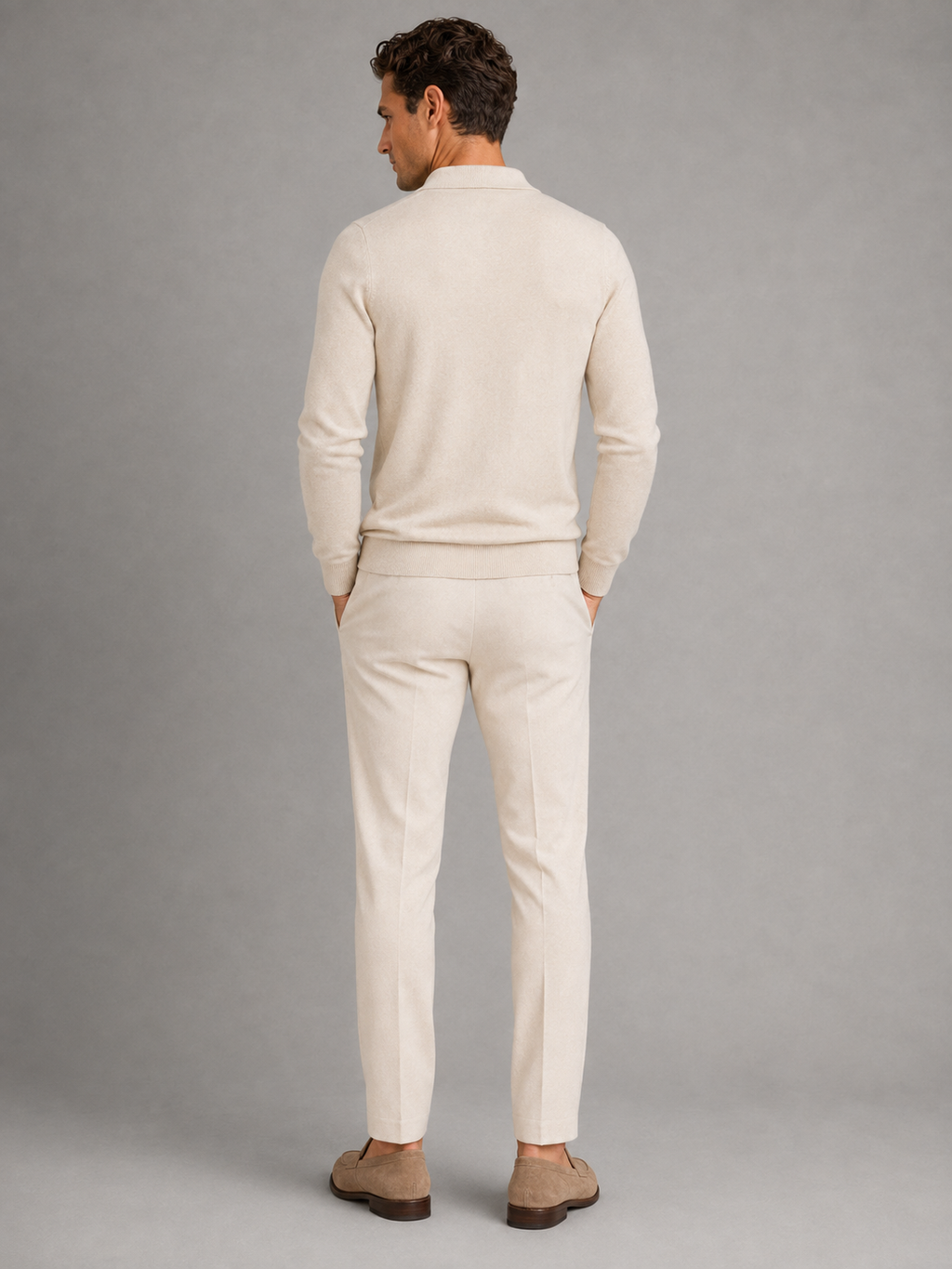 Men's cable knit long-sleeve polo jumper