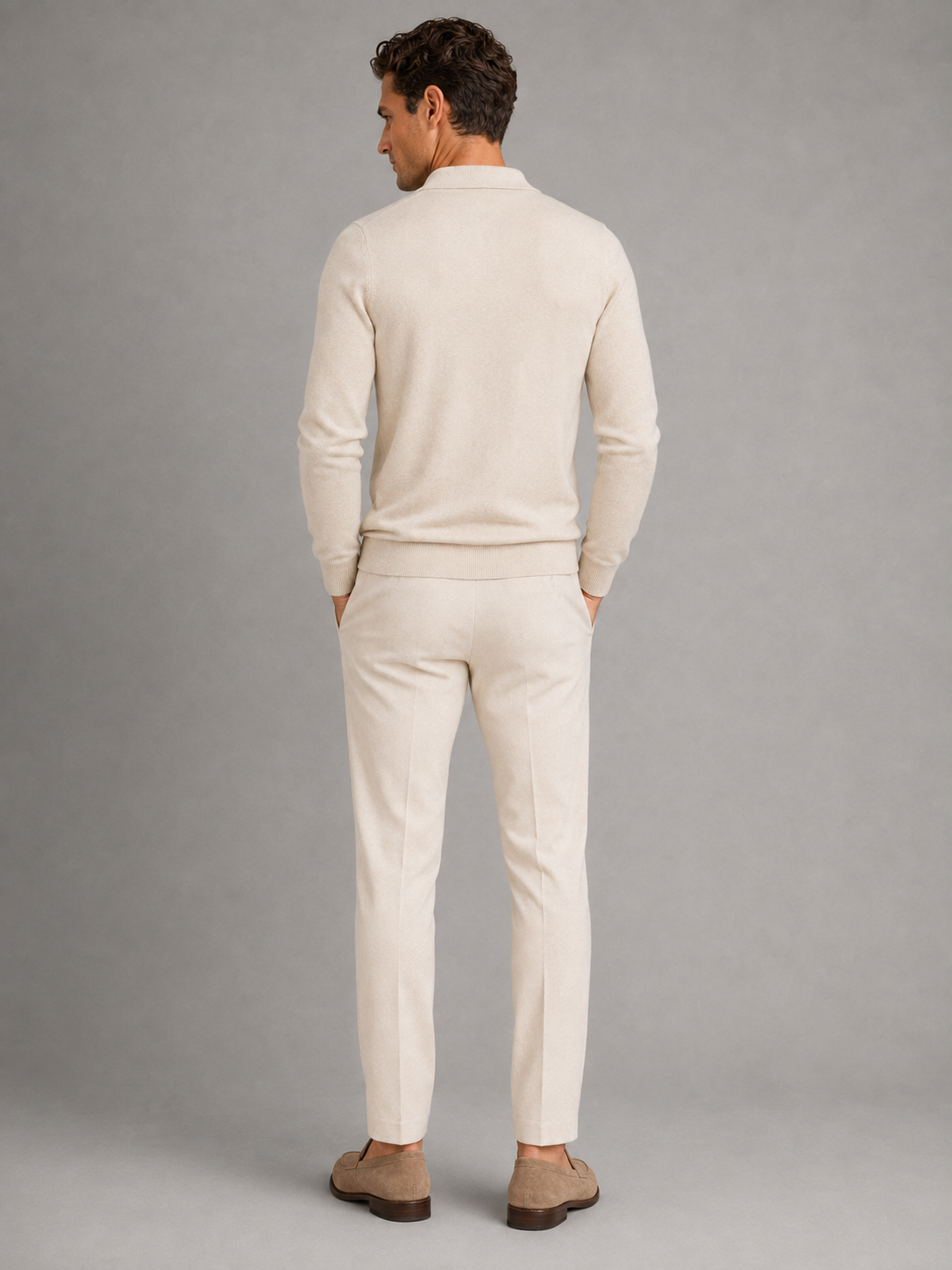 Men's cable knit long-sleeve polo jumper