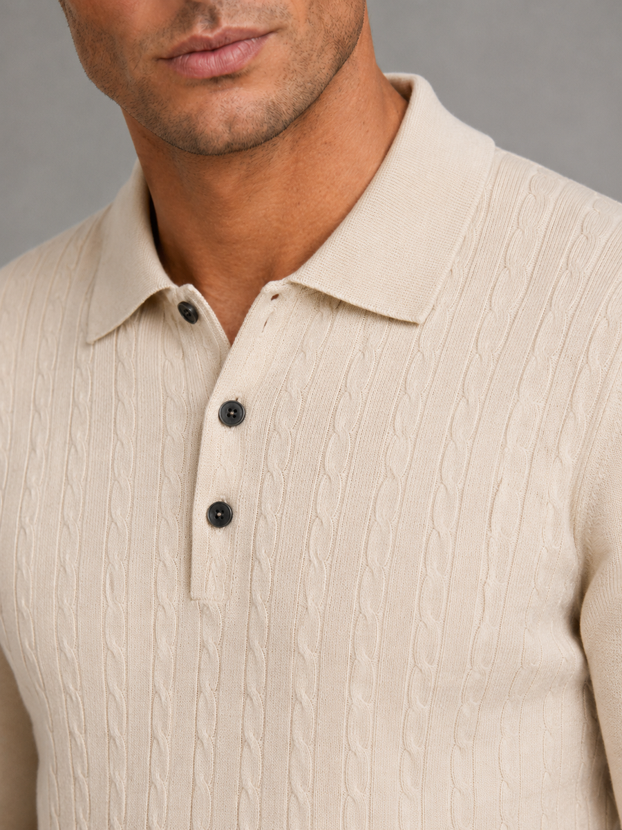 Men's cable knit long-sleeve polo jumper