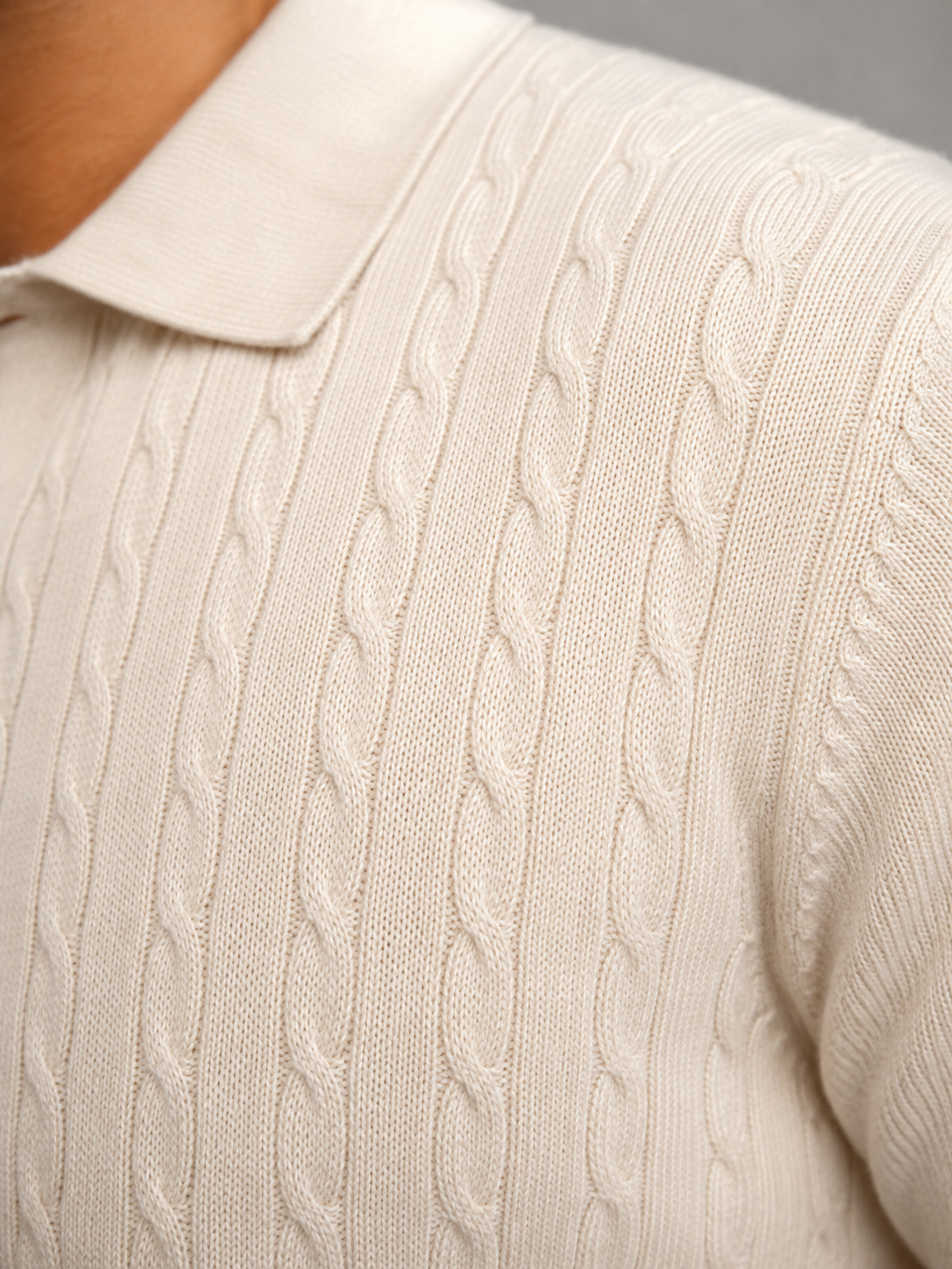 Men's cable knit long-sleeve polo jumper
