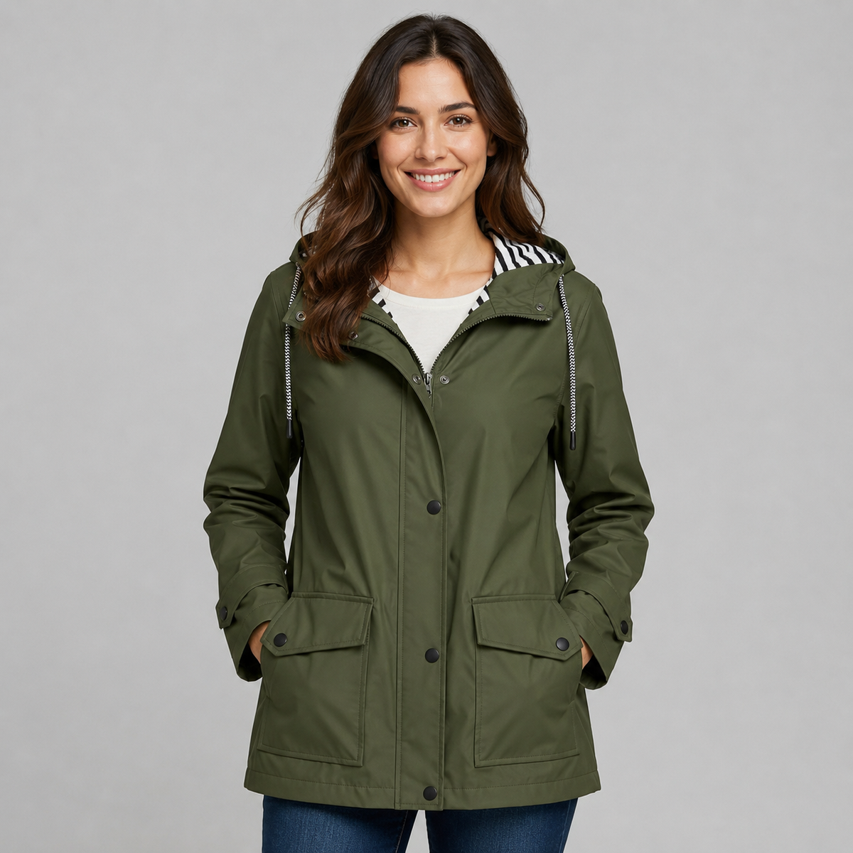 Women's hooded longline button-front trench coat