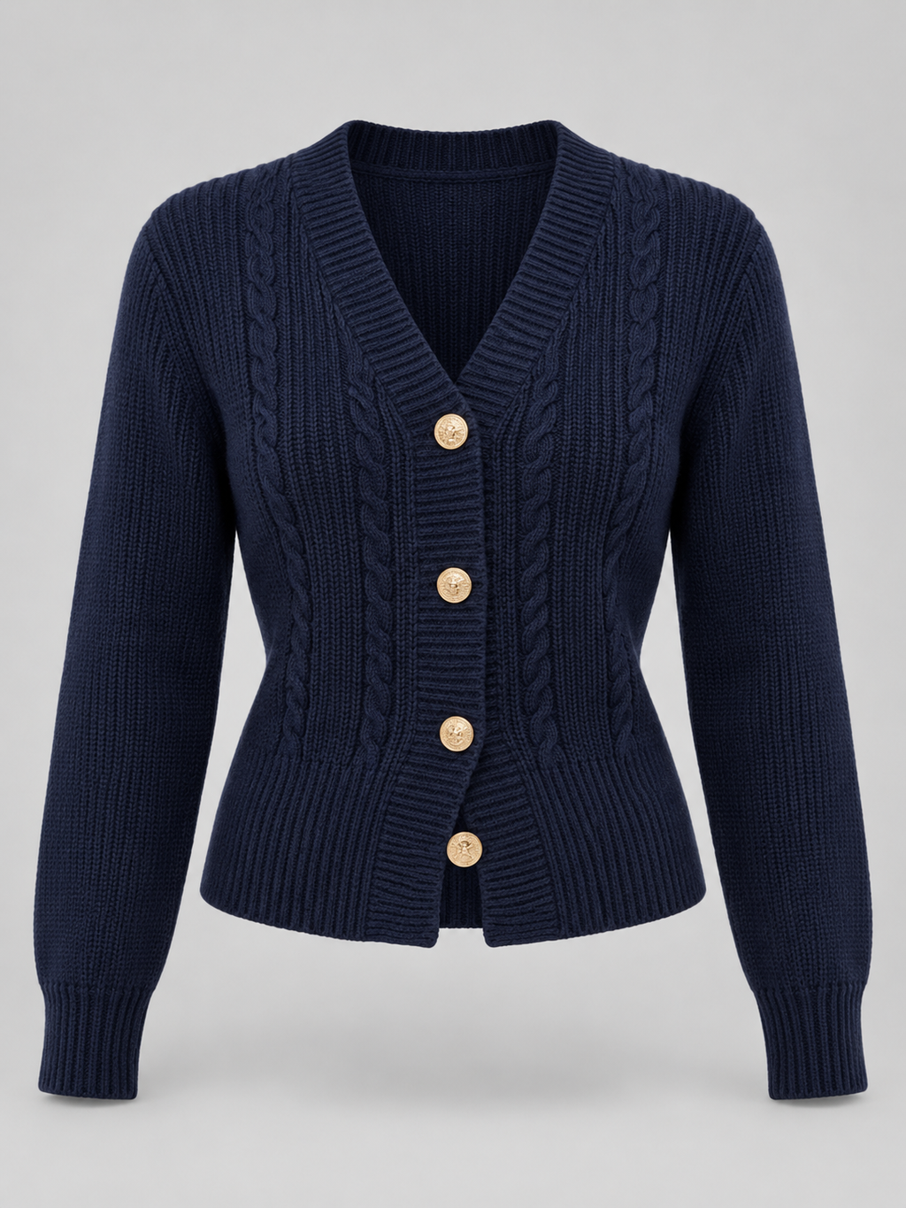 Women's cable knit cardigan with a deep V-neck and gold-tone buttons