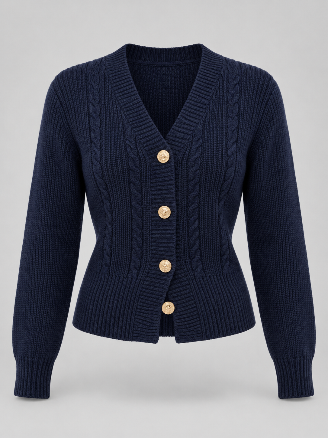 Women's cable knit cardigan with a deep V-neck and gold-tone buttons