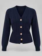 Women's cable knit cardigan with a deep V-neck and gold-tone buttons