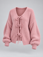 Women's open knit cardigan with tie-bow fastenings and balloon sleeves