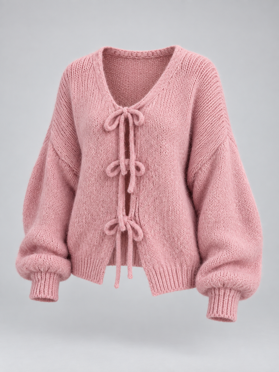 Women's open knit cardigan with tie-bow fastenings and balloon sleeves