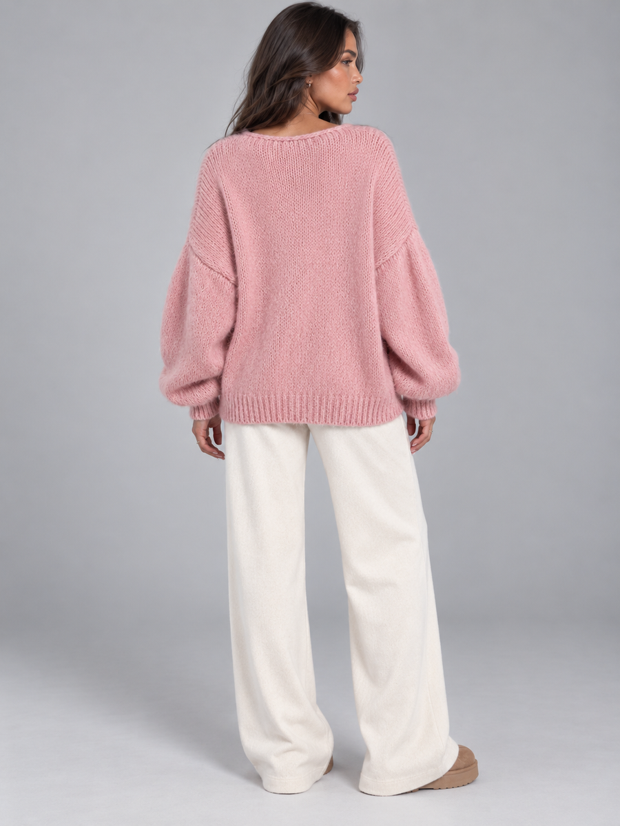 Women's open knit cardigan with tie-bow fastenings and balloon sleeves