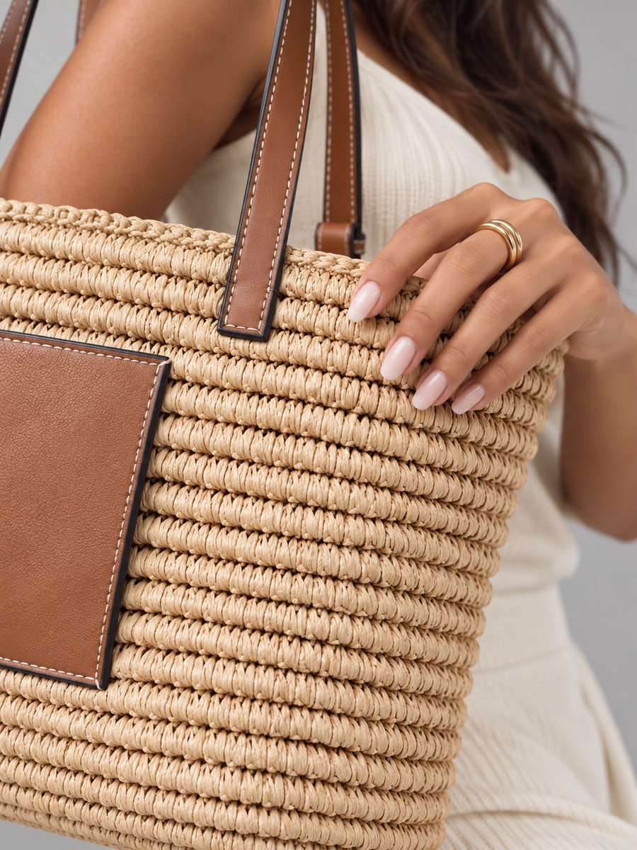 Women's woven straw tote bag with leather-look straps