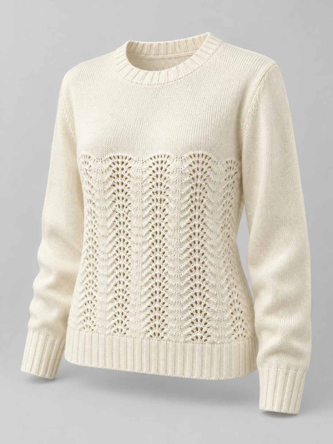 Women's pointelle open stitch knit jumper with a crew neck