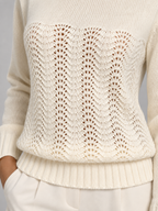 Women's pointelle open stitch knit jumper with a crew neck