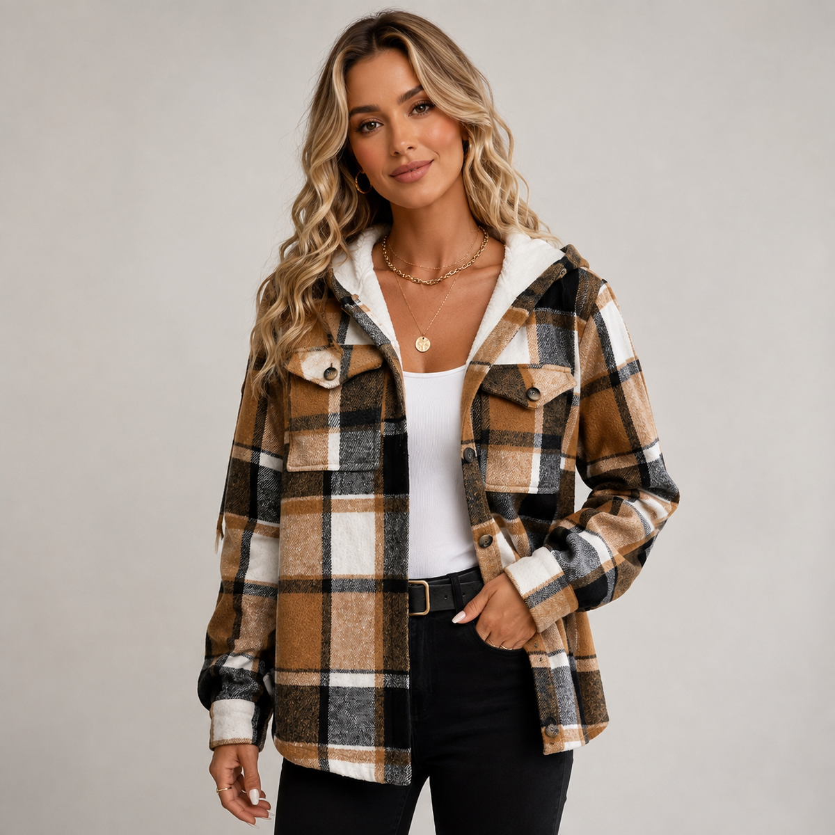 Women's fleece-lined hooded coat with button front