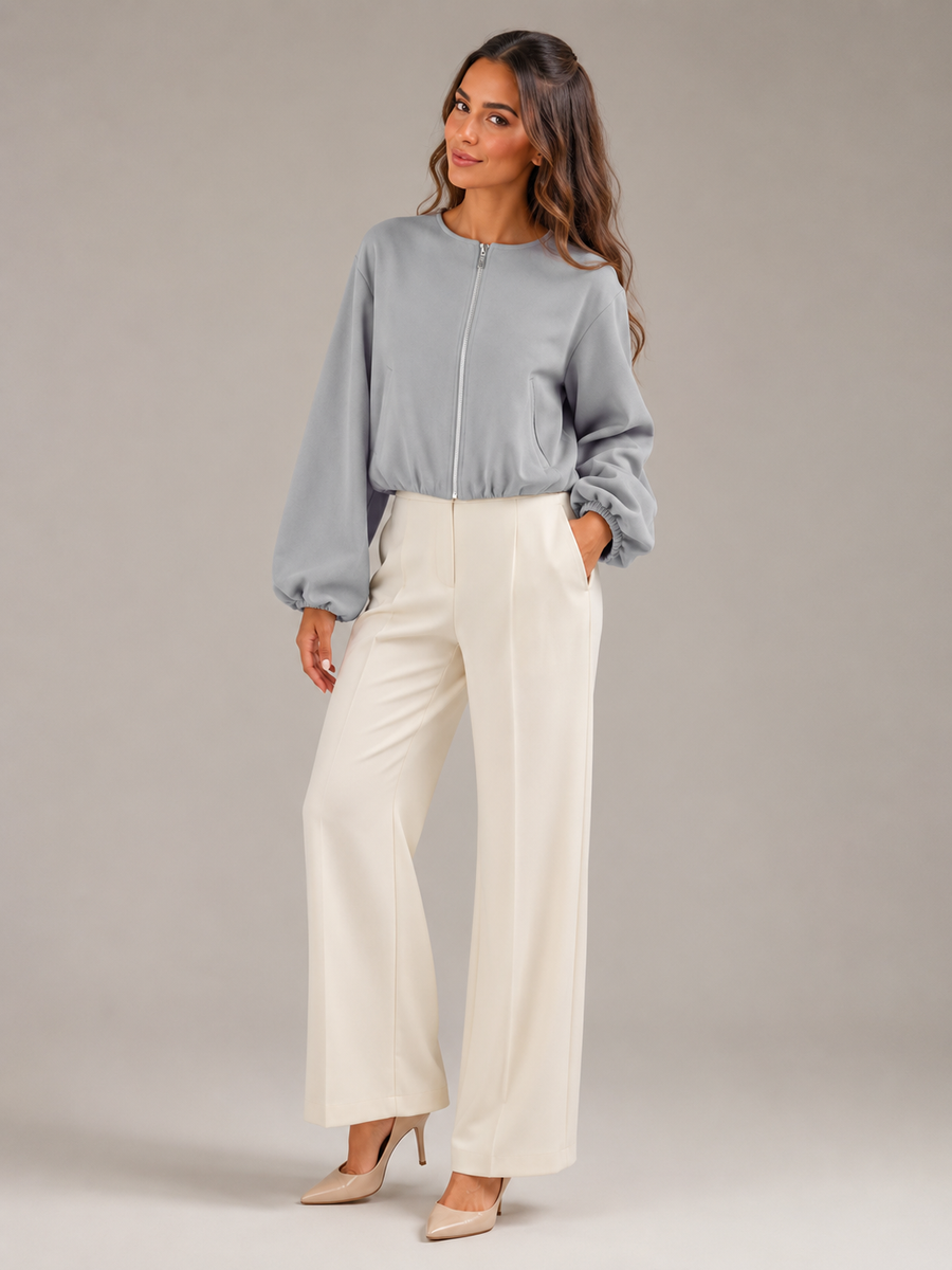 Women's cropped bomber jacket with balloon sleeves and a zip front