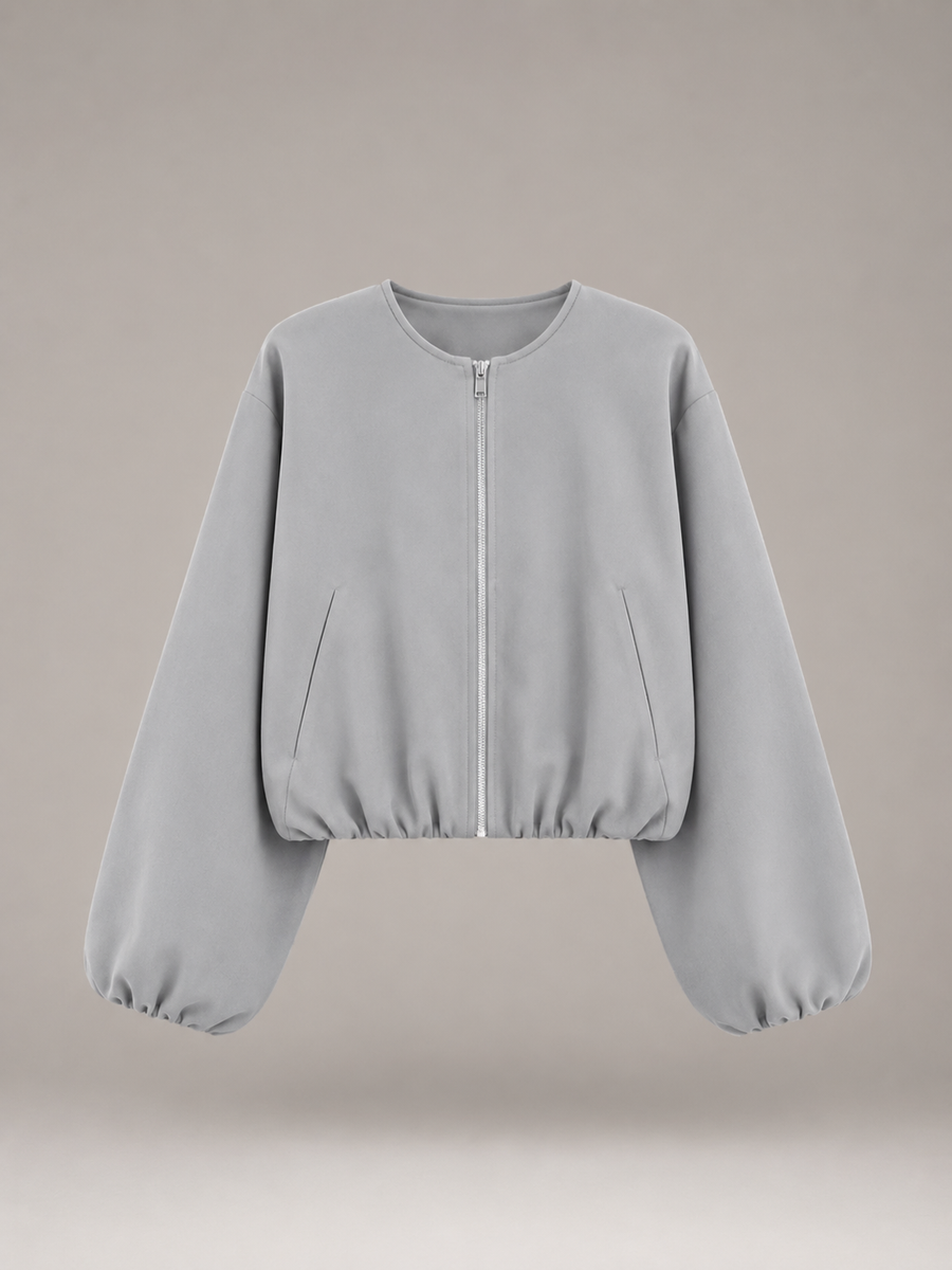 Women's cropped bomber jacket with balloon sleeves and a zip front