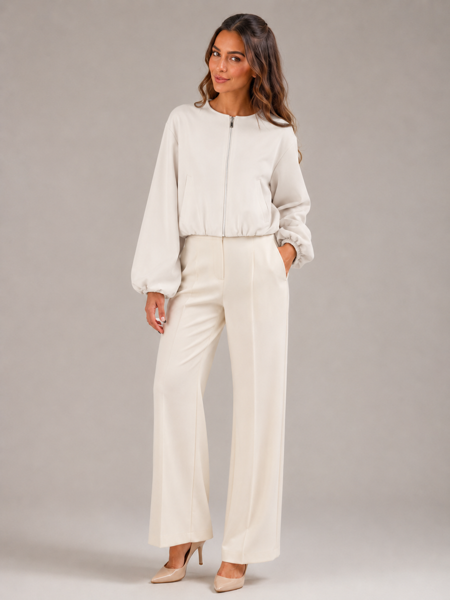 Women's cropped bomber jacket with balloon sleeves and a zip front