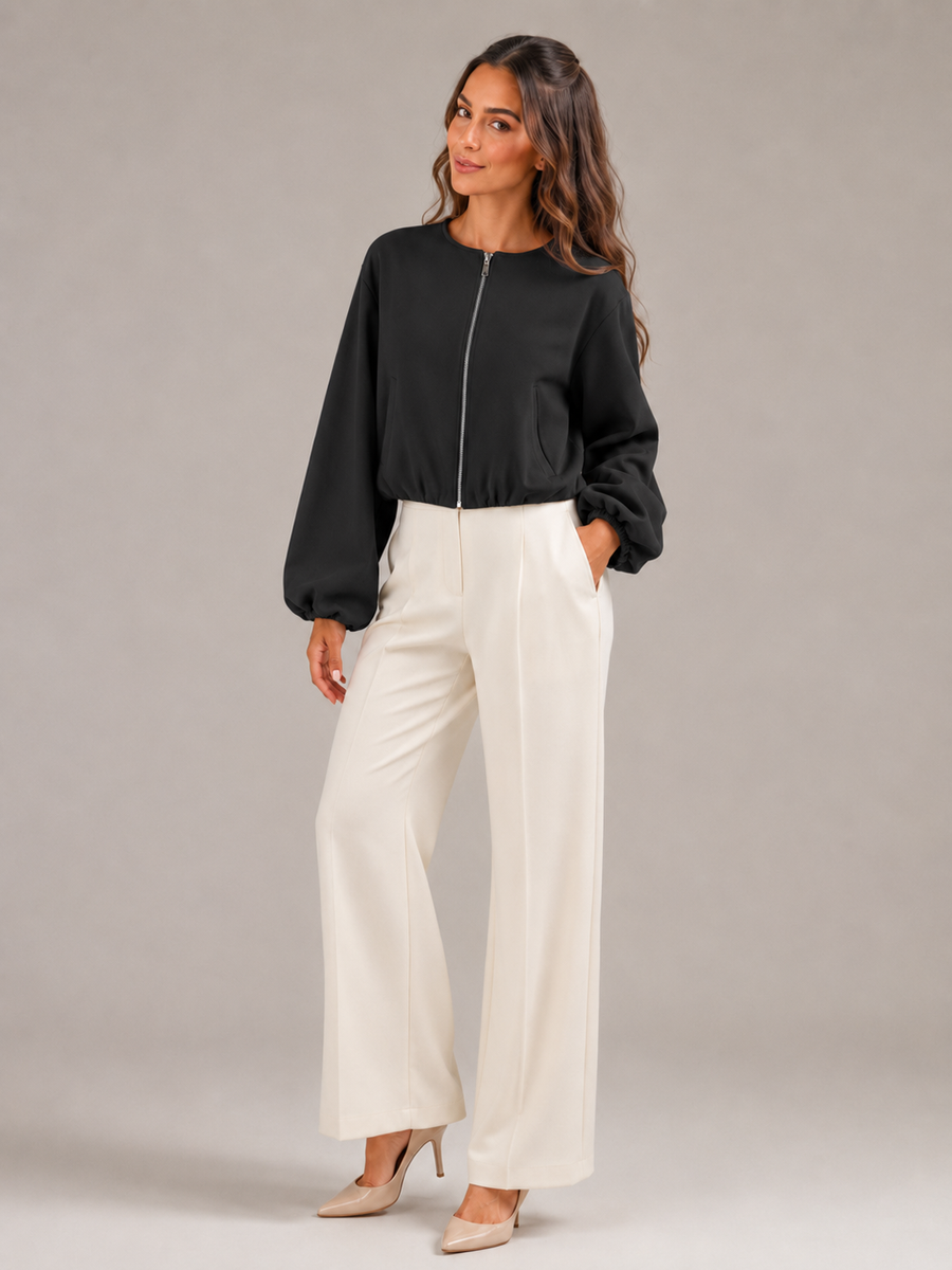 Women's cropped bomber jacket with balloon sleeves and a zip front