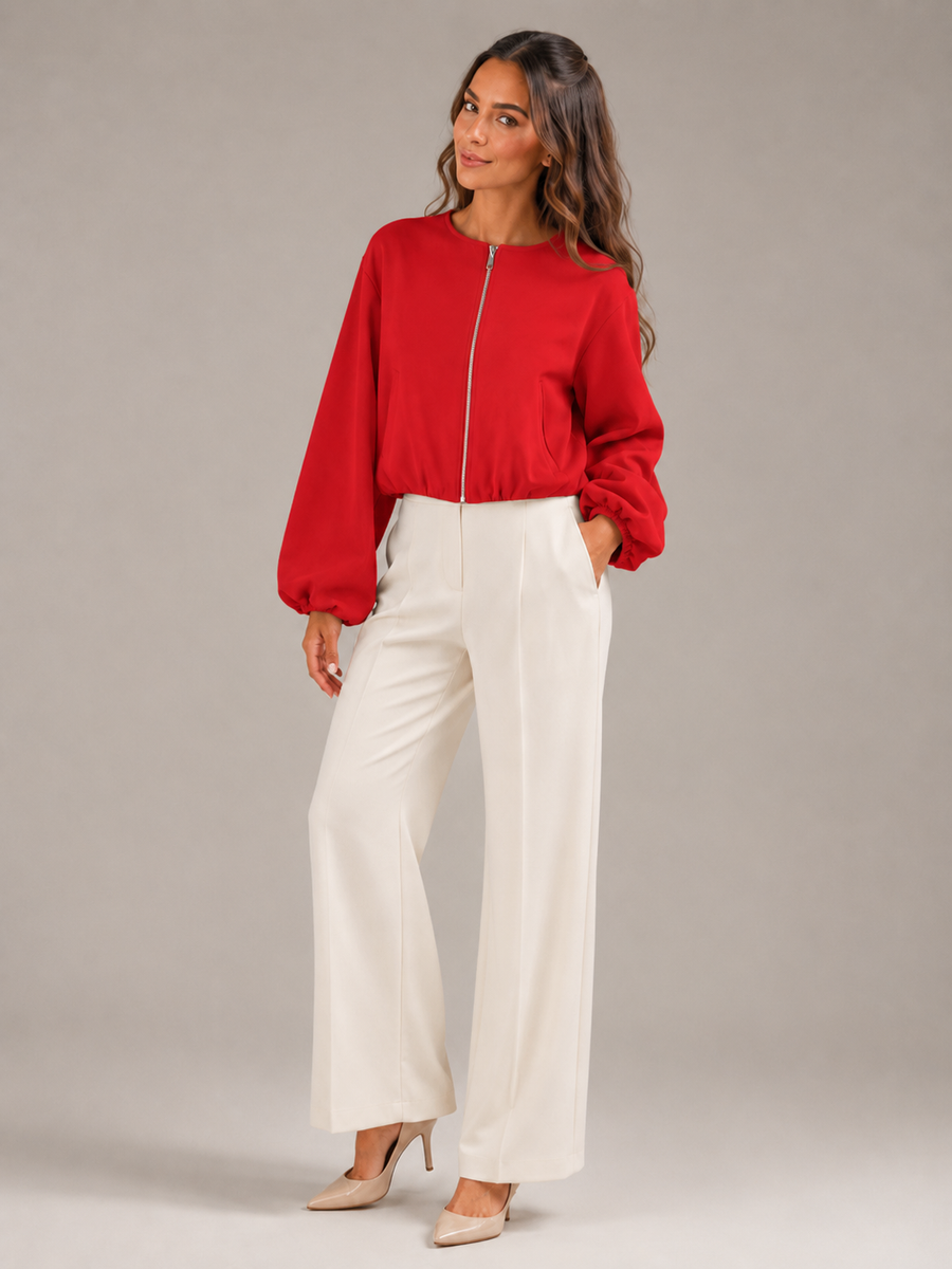 Women's cropped bomber jacket with balloon sleeves and a zip front