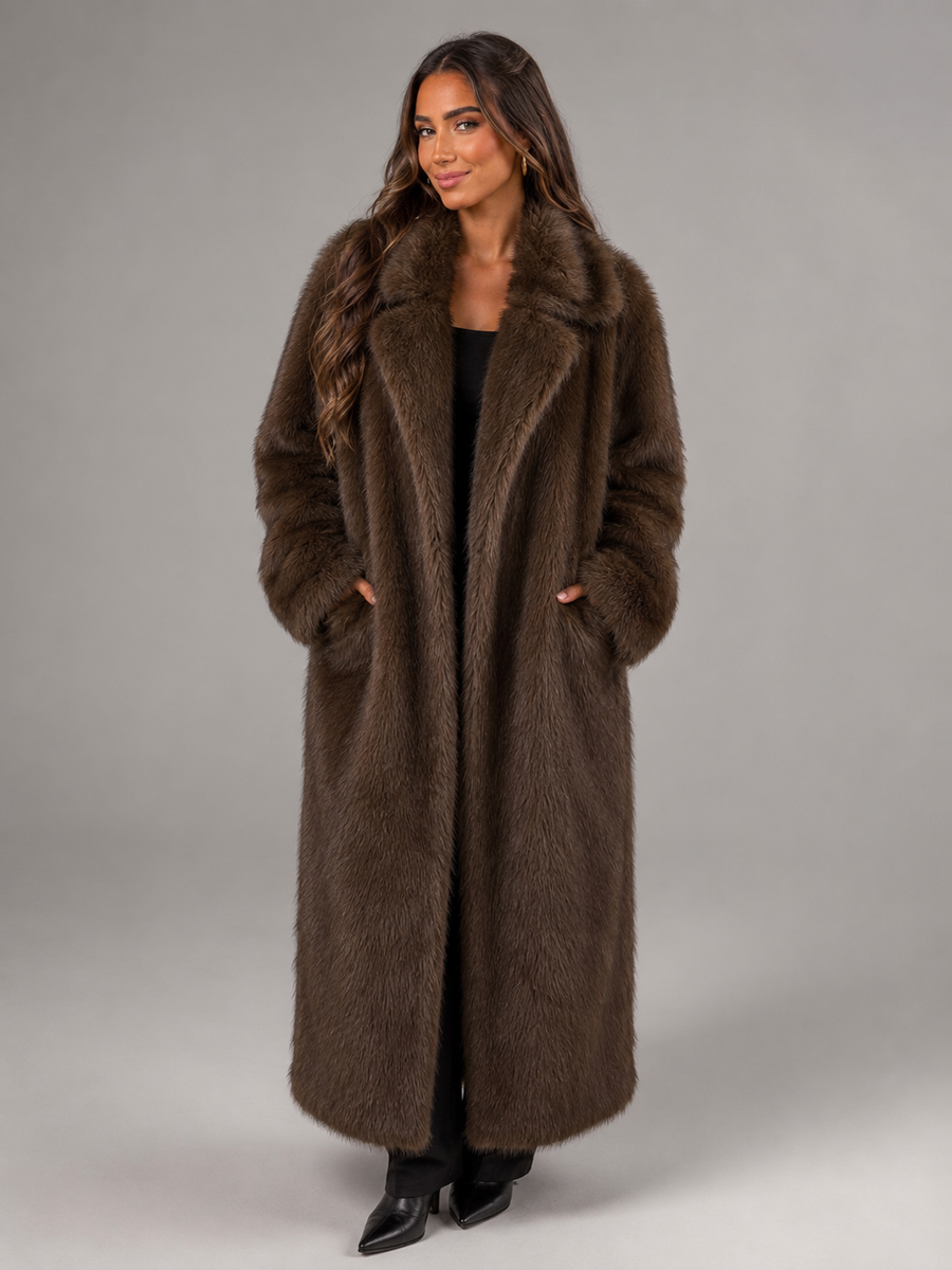 Women's full-length faux fur coat with a notch collar