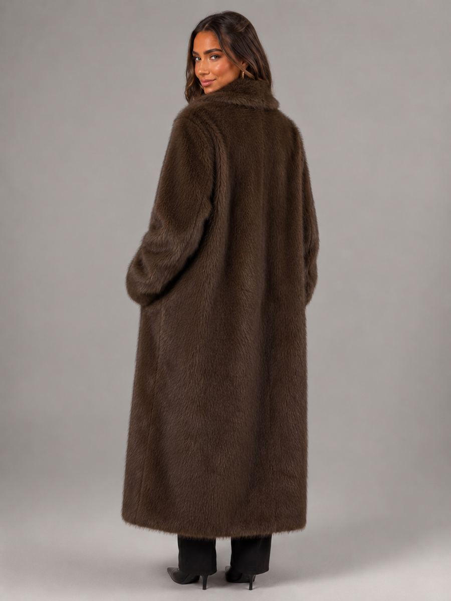 Women's full-length faux fur coat with a notch collar