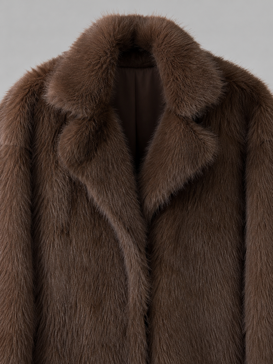 Women's full-length faux fur coat with a notch collar