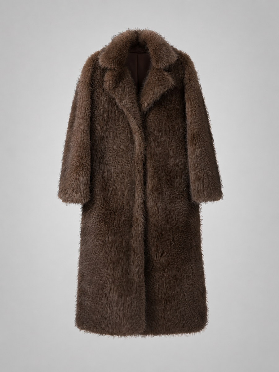 Women's full-length faux fur coat with a notch collar