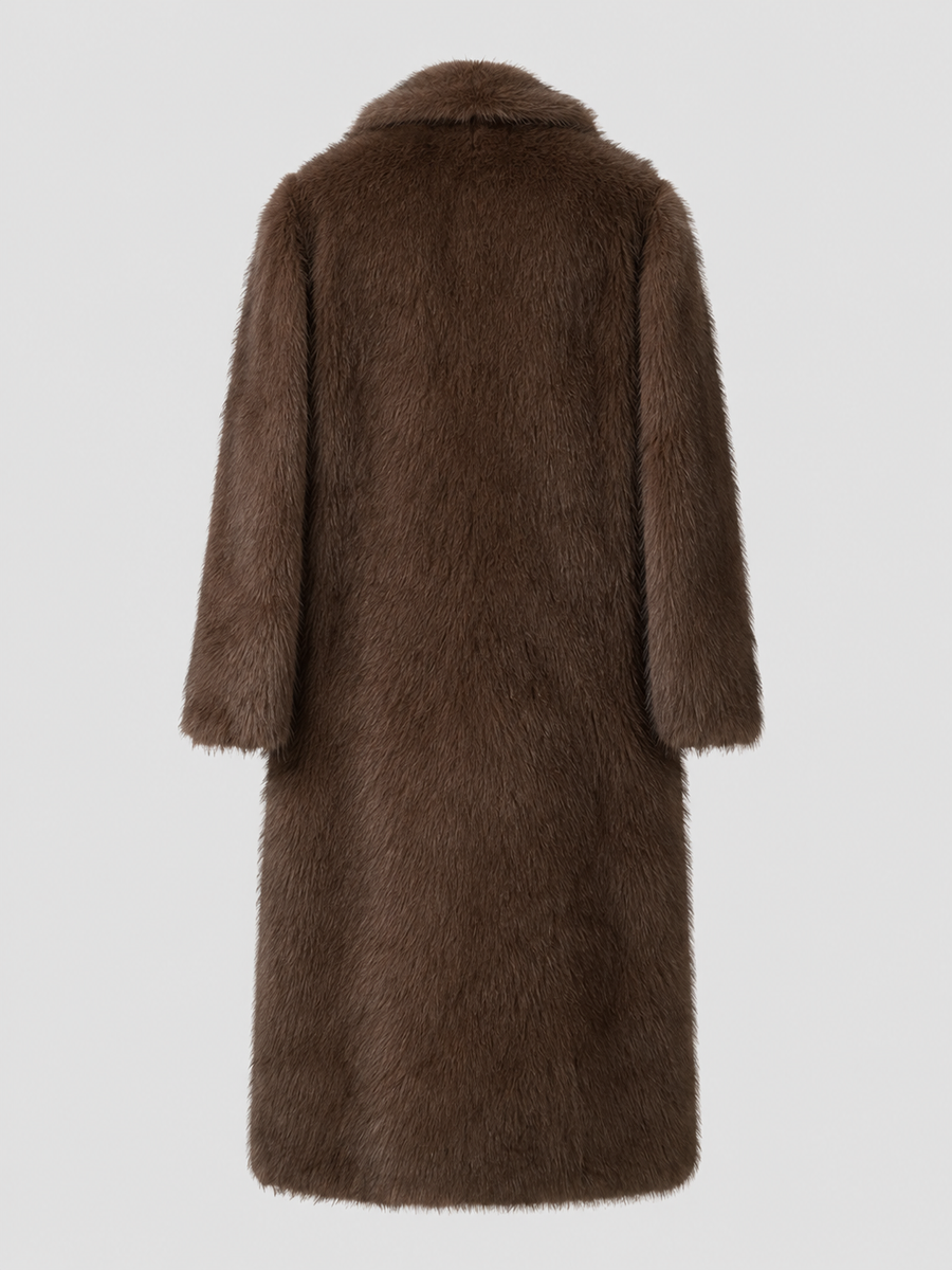Women's full-length faux fur coat with a notch collar