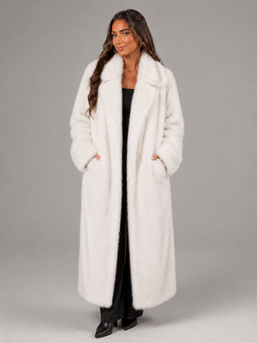 Women's full-length faux fur coat with a notch collar