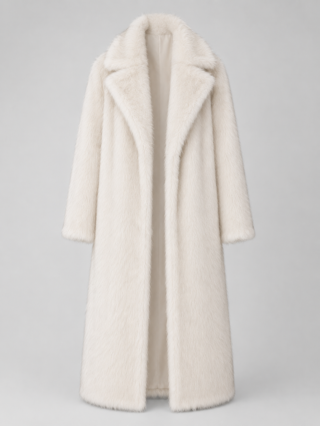 Women's full-length faux fur coat with a notch collar
