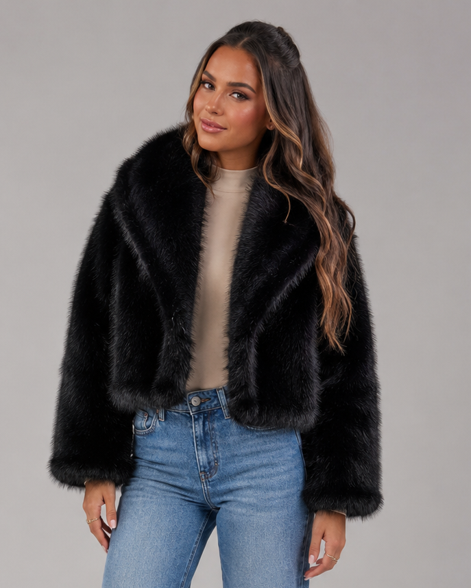 Women's cropped jacket with an oversized faux fur shawl collar