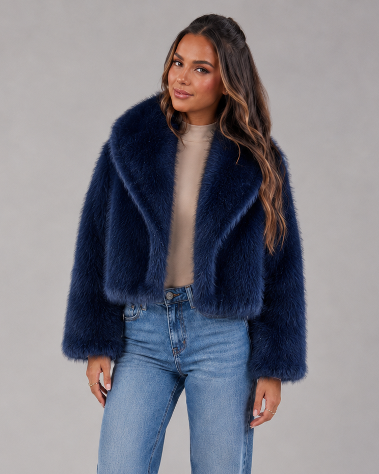 Women's cropped jacket with an oversized faux fur shawl collar