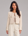 Women's bouclé tweed jacket with gold buttons, collarless and cropped