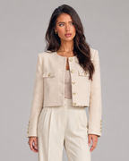 Women's bouclé tweed jacket with gold buttons, collarless and cropped