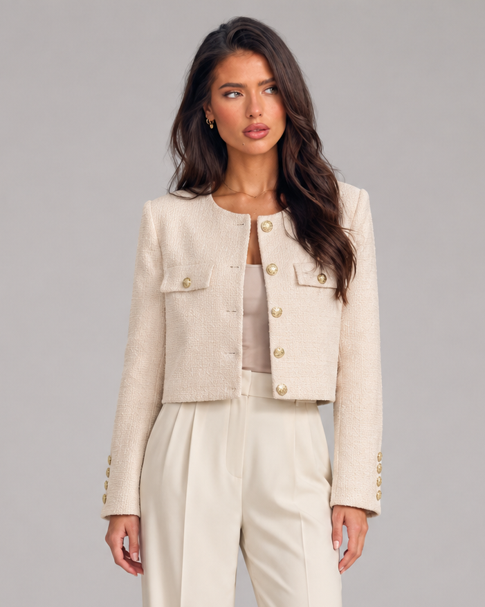 Women's bouclé tweed jacket with gold buttons, collarless and cropped