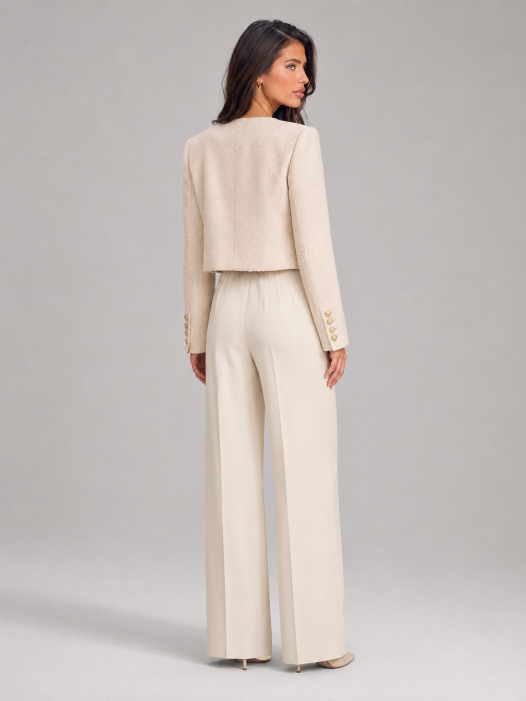 Women's bouclé tweed jacket with gold buttons, collarless and cropped
