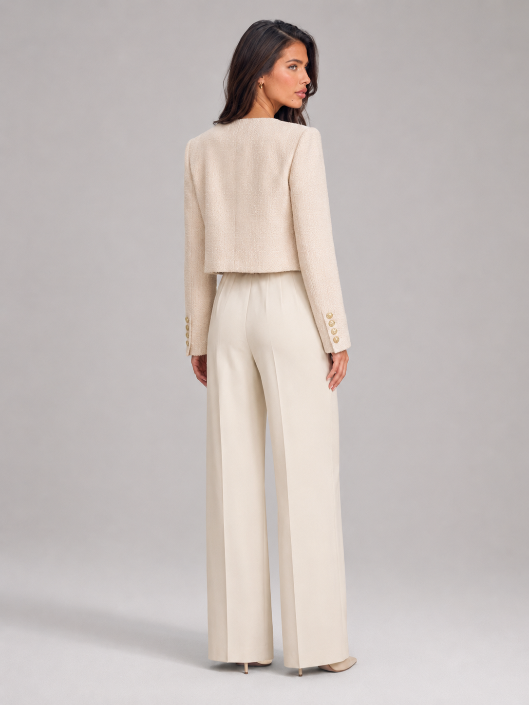 Women's bouclé tweed jacket with gold buttons, collarless and cropped
