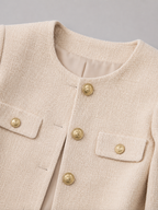 Women's bouclé tweed jacket with gold buttons, collarless and cropped