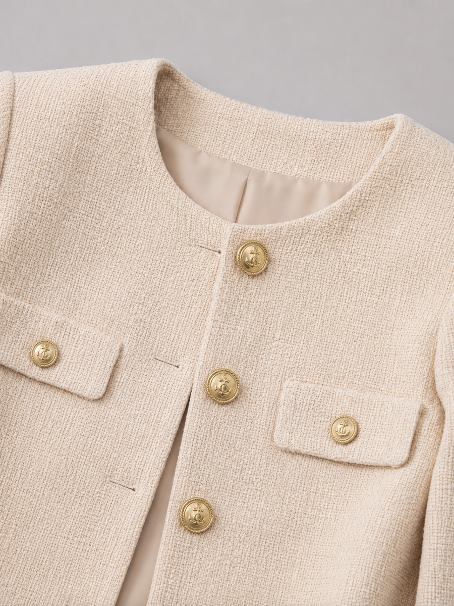 Women's bouclé tweed jacket with gold buttons, collarless and cropped