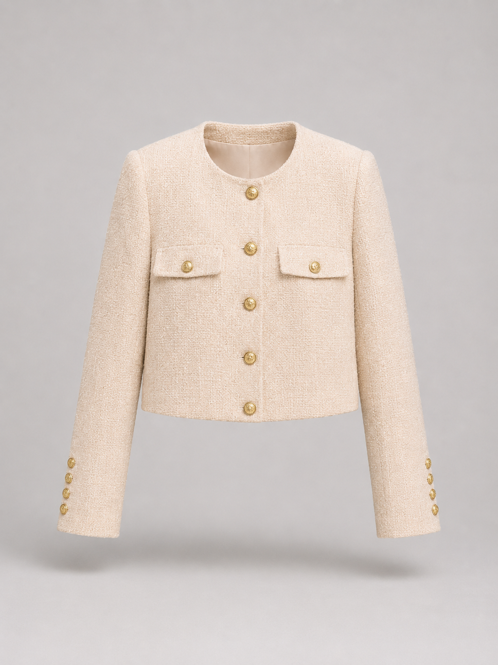 Women's bouclé tweed jacket with gold buttons, collarless and cropped