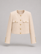 Women's bouclé tweed jacket with gold buttons, collarless and cropped
