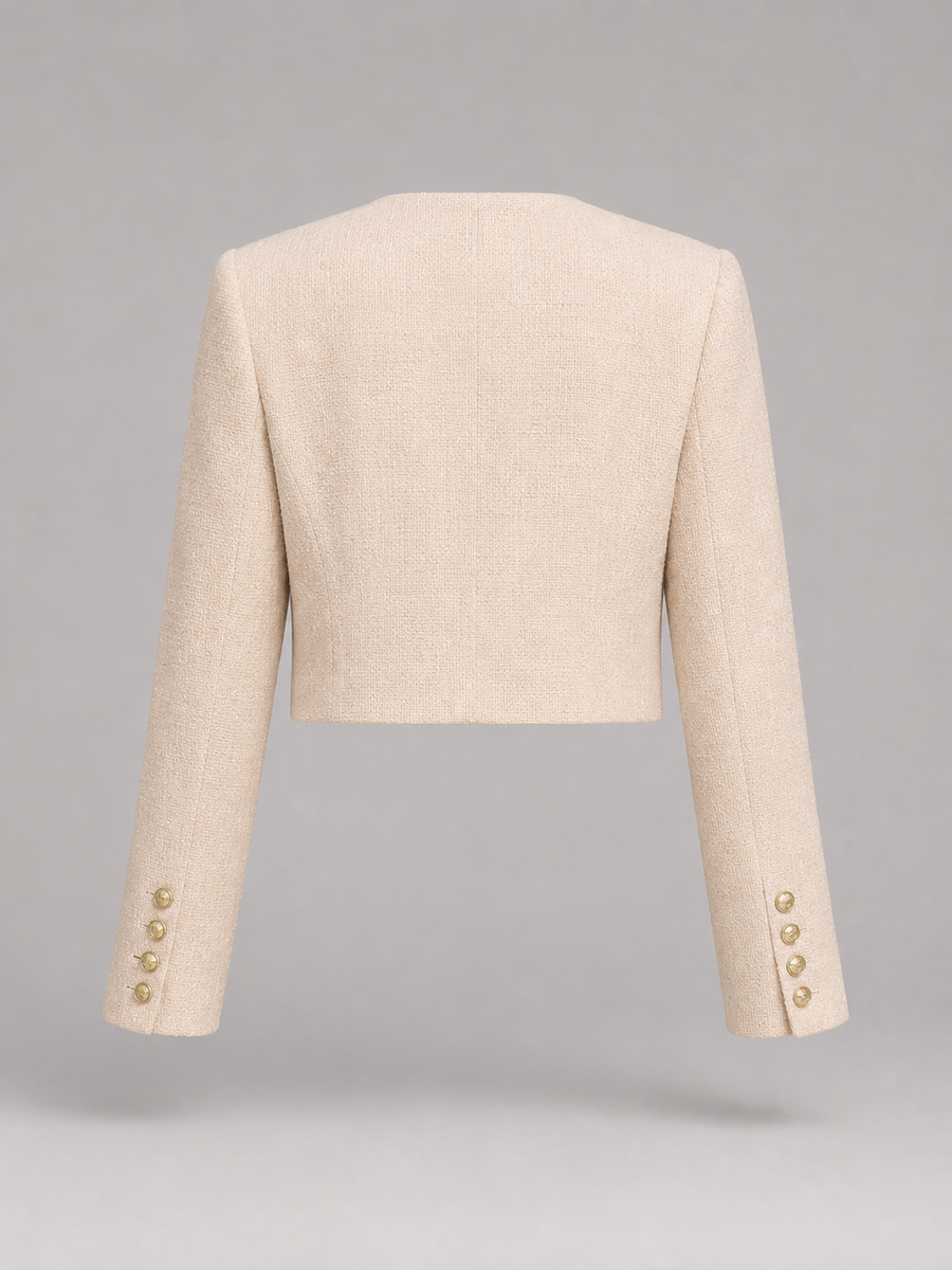 Women's bouclé tweed jacket with gold buttons, collarless and cropped