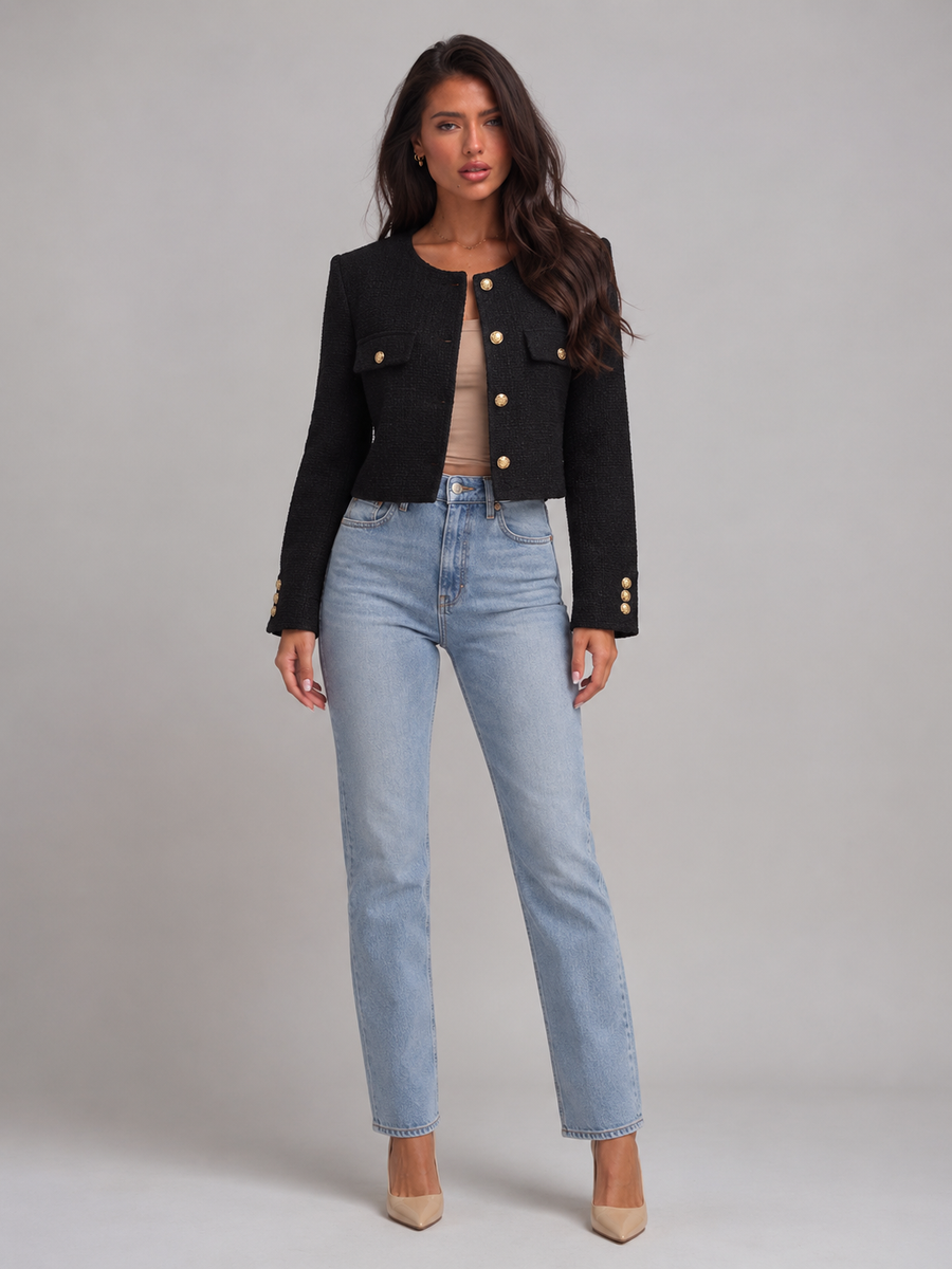Women's bouclé tweed jacket with gold buttons, collarless and cropped