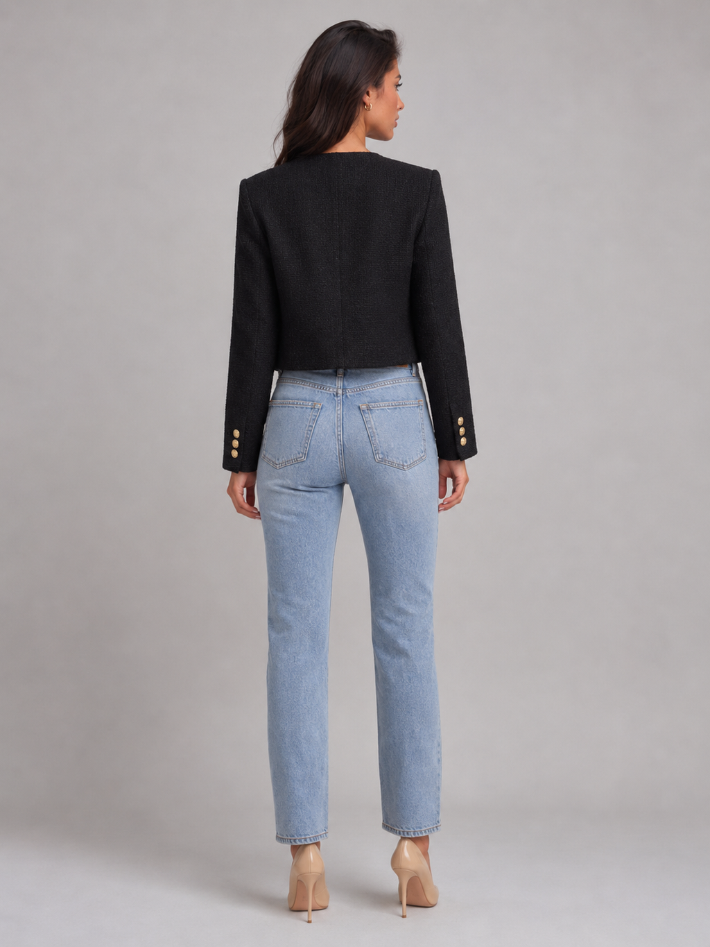 Women's bouclé tweed jacket with gold buttons, collarless and cropped