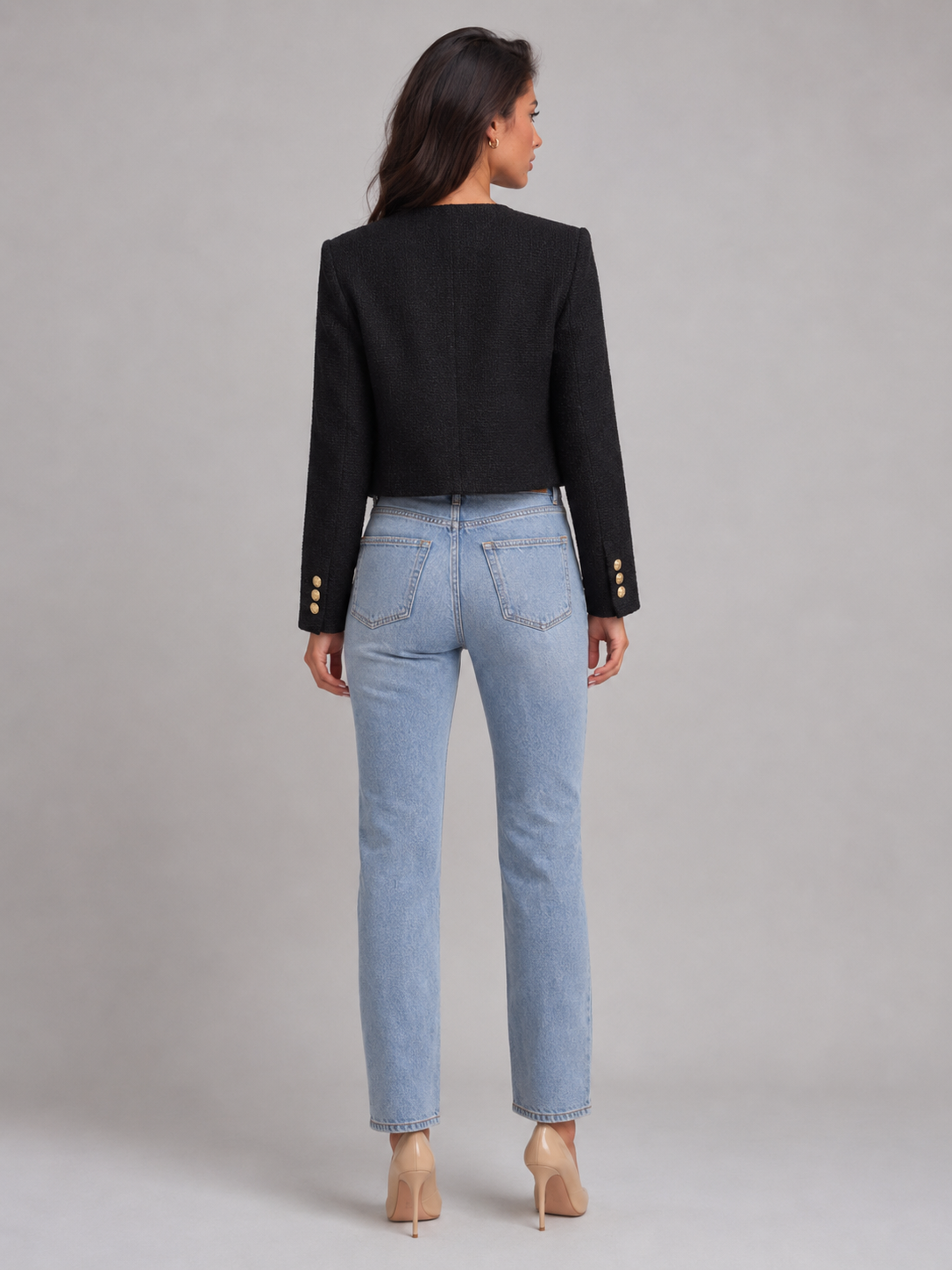 Women's bouclé tweed jacket with gold buttons, collarless and cropped