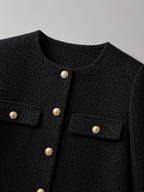 Women's bouclé tweed jacket with gold buttons, collarless and cropped