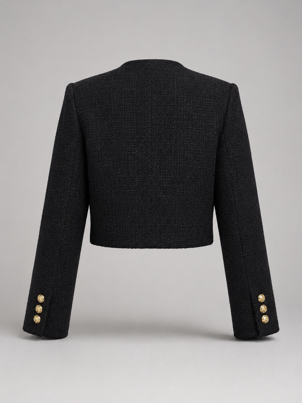 Women's bouclé tweed jacket with gold buttons, collarless and cropped