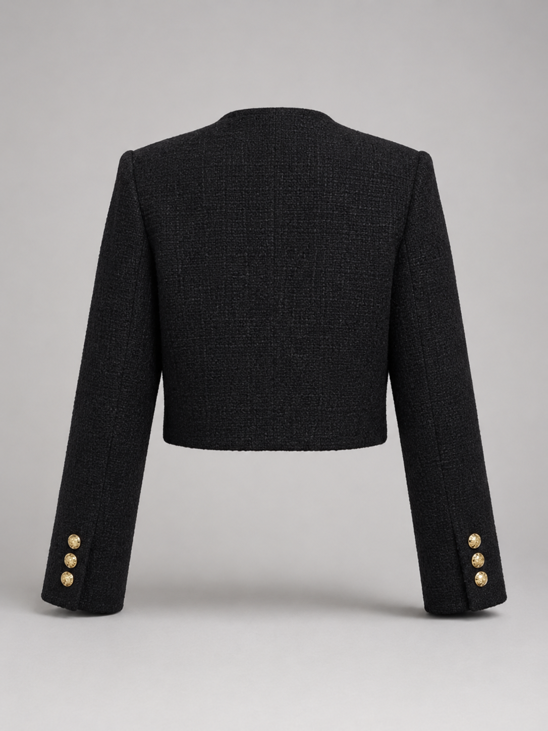 Women's bouclé tweed jacket with gold buttons, collarless and cropped