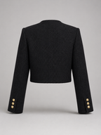 Women's bouclé tweed jacket with gold buttons, collarless and cropped