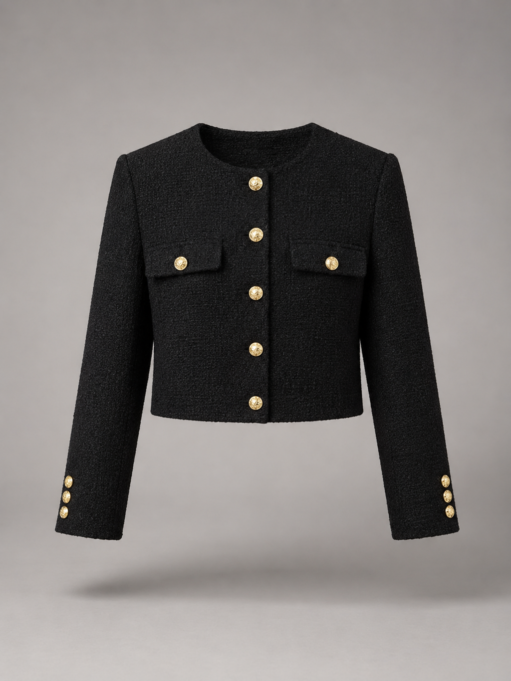 Women's bouclé tweed jacket with gold buttons, collarless and cropped